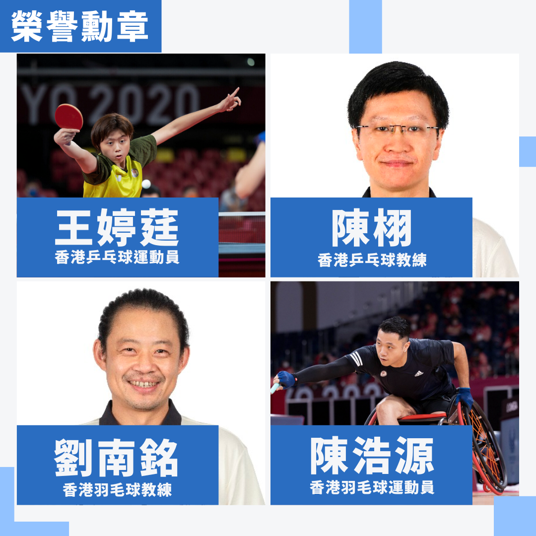 乒乓球方面，運動員王婷莛女士及教練陳栩先生獲頒授榮譽勳章