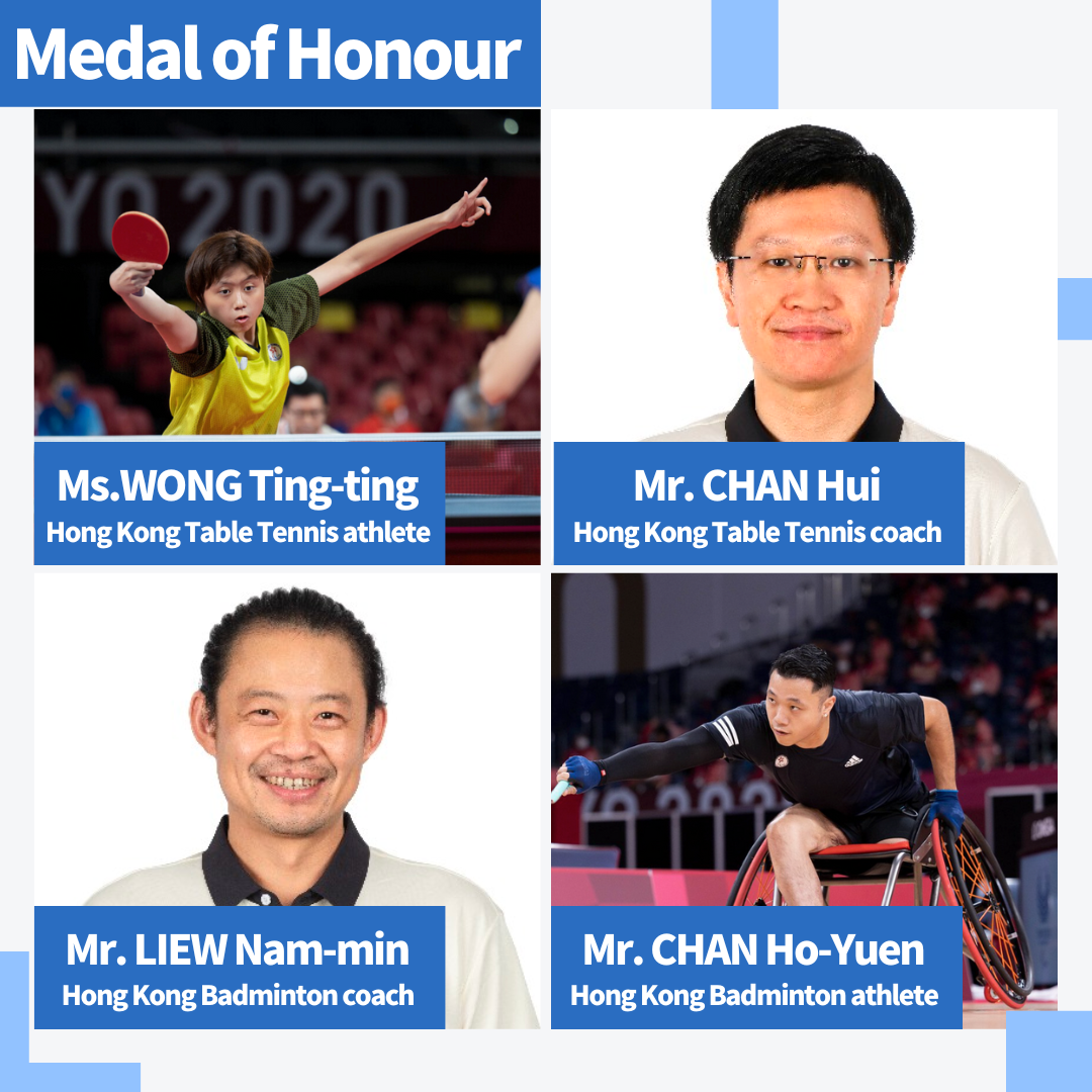 Ms. WONG Ting-ting and coach Mr. CHAN Hui are awarded MH, Para athlete Mr. CHAN Ho-yuen and coach Mr. LIEW Nam-min are awarded MH