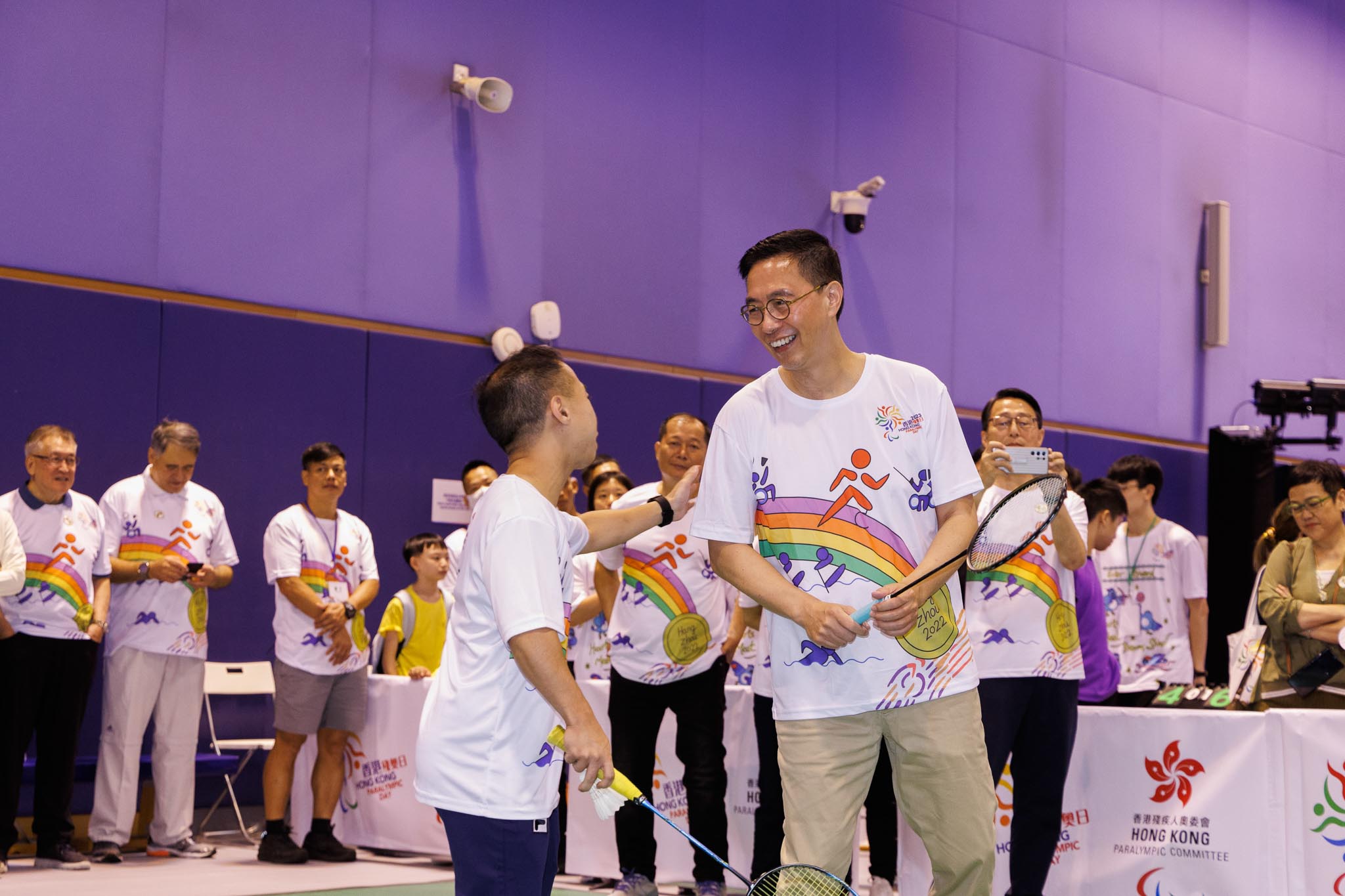 Mr. Kevin Yeung Yun Hung GBS JP, Secretary for Culture, Sports and Tourism and Mr. Chu Man Kai playing Badminton on Hong Kong Paralympic Day 2023